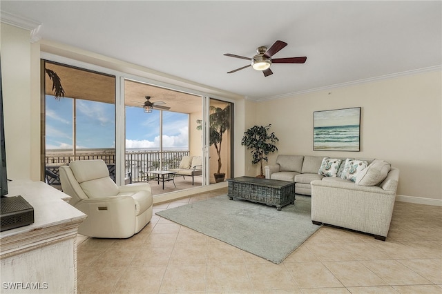 2090 W First St Unit 1609, Fort Myers, FL 33901 - living area with light tile patterned floors, baseboards, ceiling fan, and crown molding
