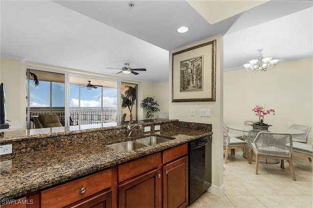 kitchen featuring black dishwasher, sink, crown molding, and dark stone countertops