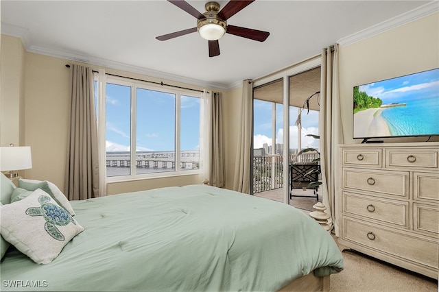 carpeted bedroom featuring crown molding, access to outside, and ceiling fan