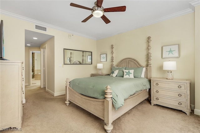 bedroom featuring light carpet, ornamental molding, and ceiling fan