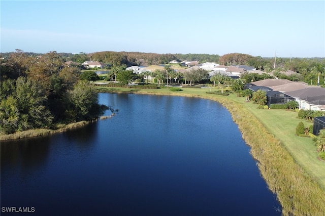 drone / aerial view with a water view