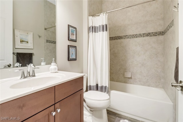 full bathroom with vanity, shower / bath combination with curtain, hardwood / wood-style flooring, and toilet