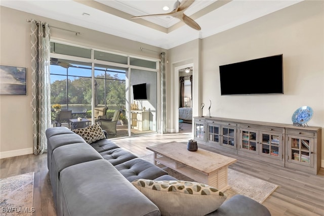 living room with crown molding, a tray ceiling, wood-type flooring, and ceiling fan