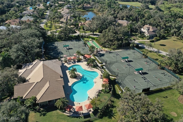 bird's eye view with a water view