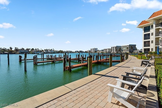 view of dock with a water view