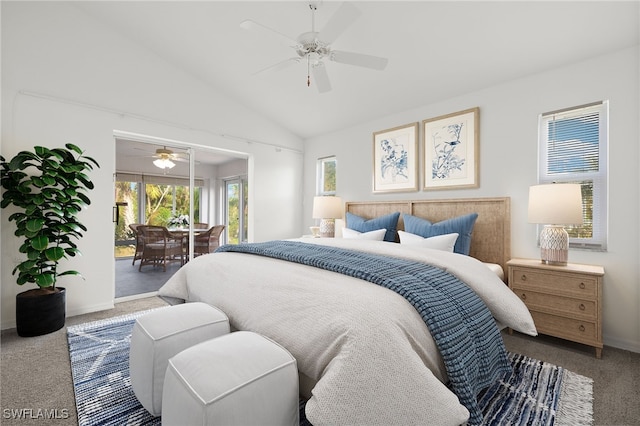 bedroom with lofted ceiling, carpet, access to outside, and ceiling fan