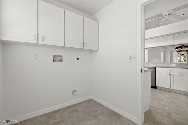 laundry area featuring hookup for a washing machine, light tile patterned flooring, ceiling fan, electric dryer hookup, and cabinets