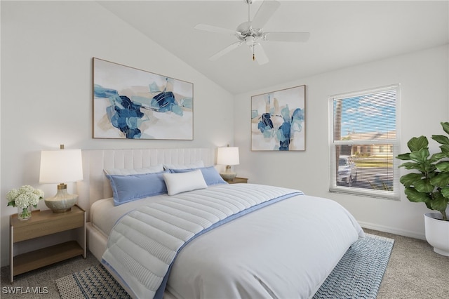 bedroom with ceiling fan, light carpet, and lofted ceiling