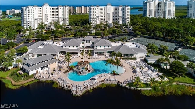 aerial view featuring a water view