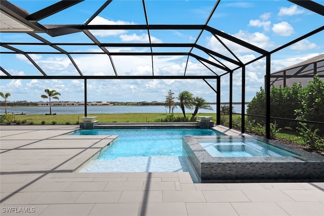 view of pool with glass enclosure, a water view, and a patio