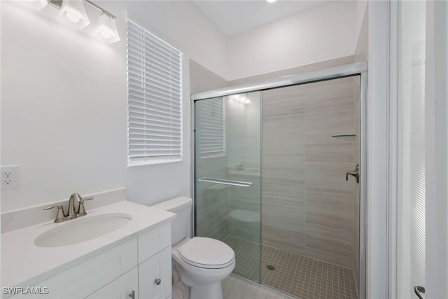 bathroom with toilet, a shower stall, and vanity