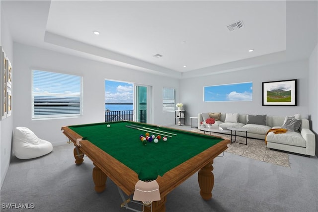 rec room with billiards, carpet flooring, visible vents, baseboards, and a tray ceiling