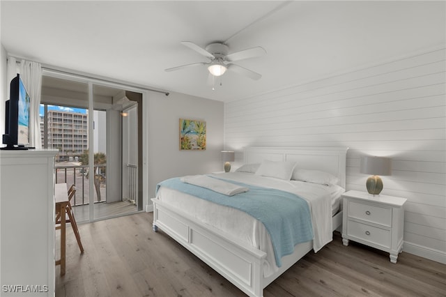 bedroom featuring ceiling fan and light wood-type flooring