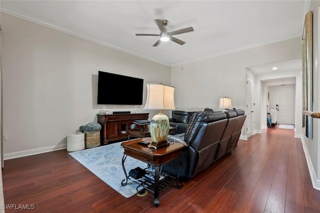 living room featuring crown molding, ceiling fan, and dark wood-type flooring