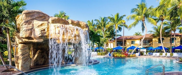 view of swimming pool featuring pool water feature