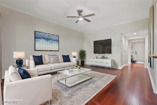 living room featuring dark hardwood / wood-style flooring, ceiling fan, and ornamental molding