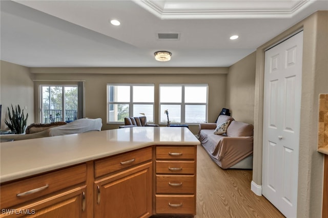 kitchen featuring light wood-style flooring, visible vents, open floor plan, light countertops, and brown cabinets