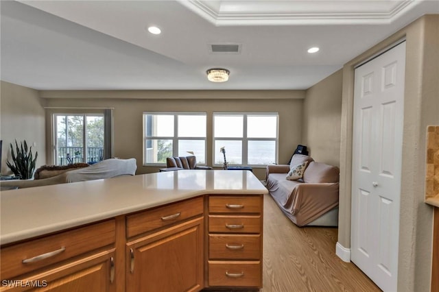 101 N Marion Ct Unit 122, Punta Gorda, FL 33950 - kitchen with open floor plan, light wood-type flooring, light countertops, brown cabinets, and recessed lighting