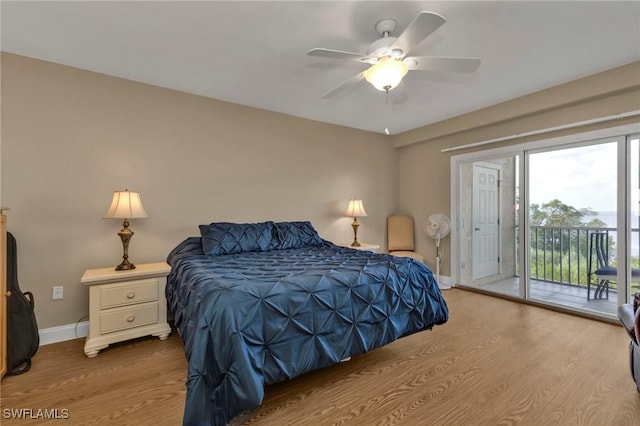 bedroom with baseboards, ceiling fan, light wood finished floors, and access to exterior