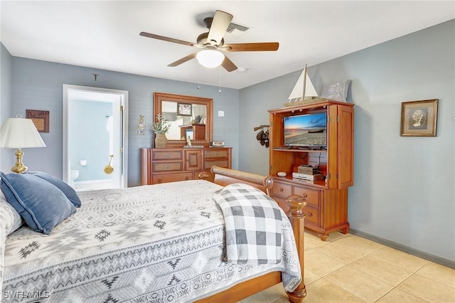 tiled bedroom with ceiling fan