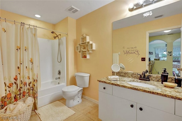 full bathroom with tile patterned flooring, vanity, toilet, and shower / bathtub combination with curtain