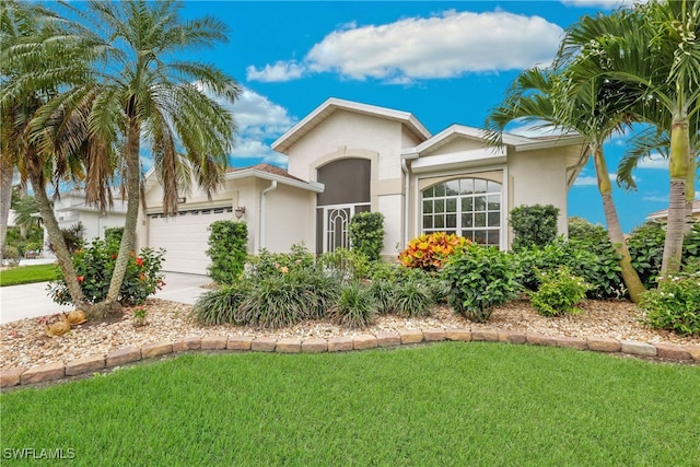 ranch-style home featuring a garage and a front lawn