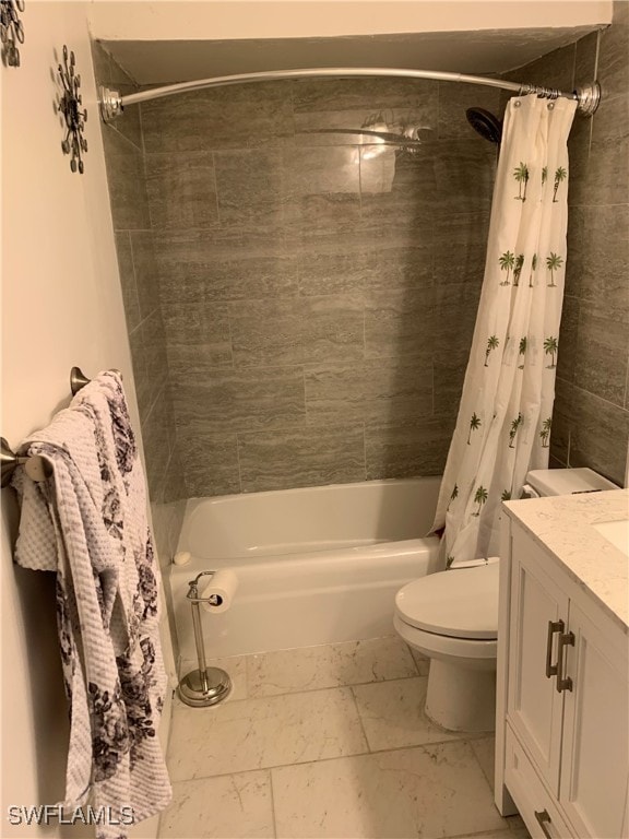 full bathroom with toilet, vanity, and shower / bathtub combination with curtain