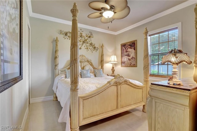 tiled bedroom with ornamental molding