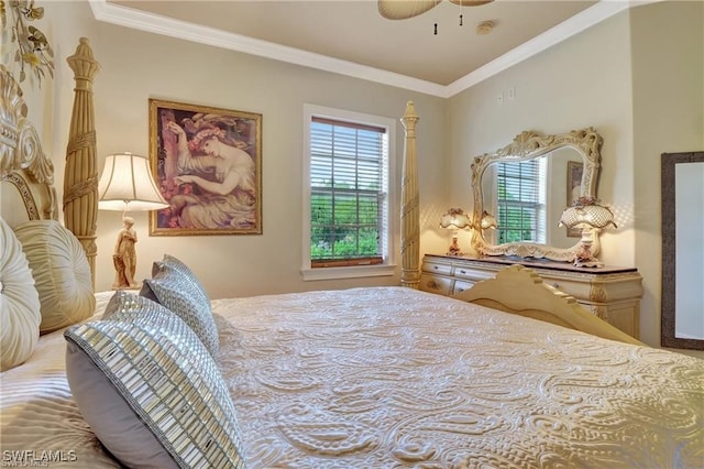 bedroom featuring crown molding, ceiling fan, and multiple windows