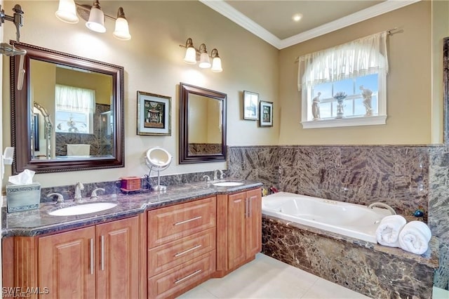 bathroom with tile patterned floors, ornamental molding, tiled bath, and vanity