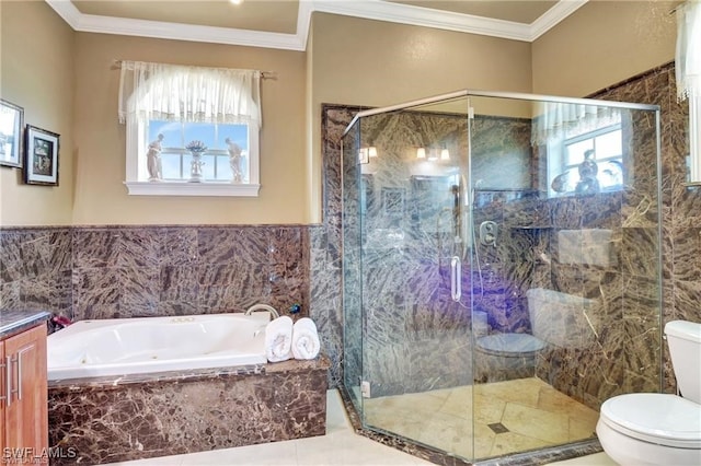 full bathroom with vanity, ornamental molding, plus walk in shower, and toilet