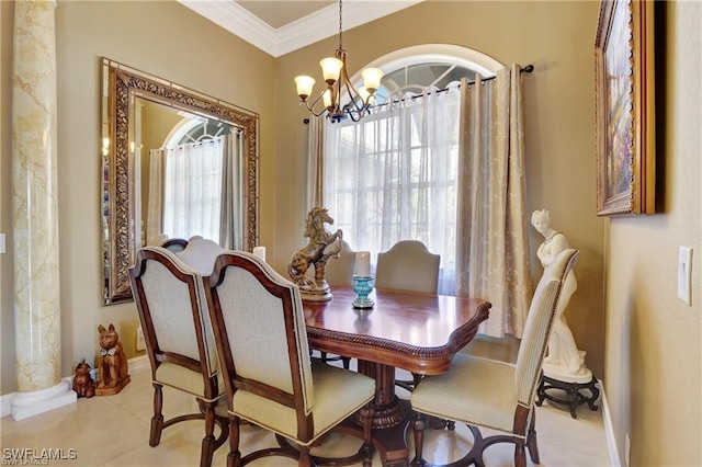 dining area featuring crown molding, an inviting chandelier, and light tile patterned floors