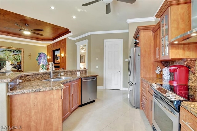 kitchen with sink, wall chimney range hood, stainless steel appliances, and light stone countertops