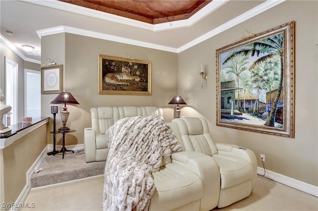 living area with crown molding and light tile patterned flooring