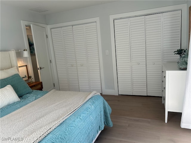 bedroom featuring wood-type flooring and two closets