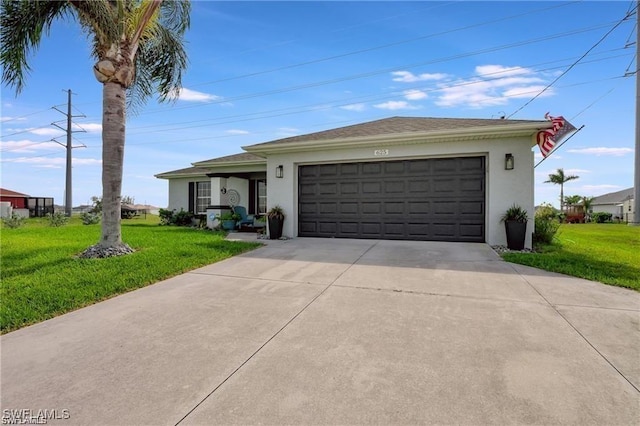 ranch-style home with a front lawn and a garage