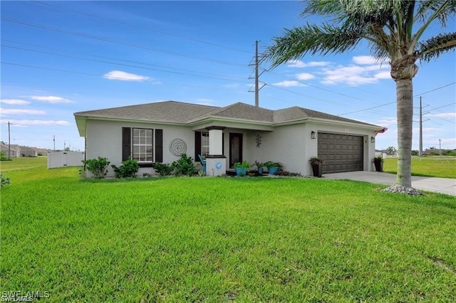 ranch-style home with a front lawn and a garage