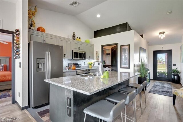 kitchen featuring light stone countertops, sink, stainless steel appliances, and a center island with sink