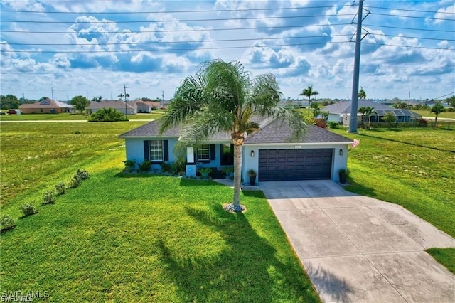 ranch-style house featuring a garage and a front lawn