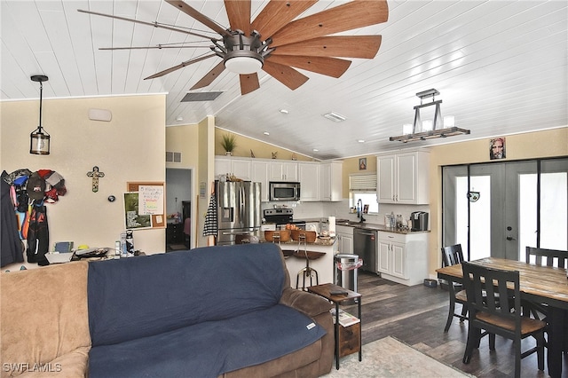 living room with french doors, sink, wooden ceiling, dark hardwood / wood-style flooring, and lofted ceiling