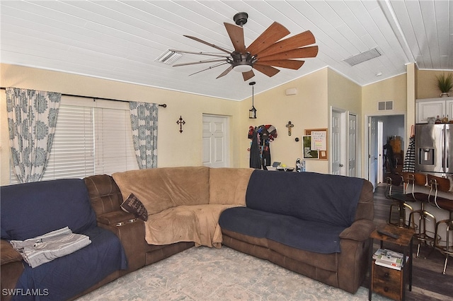 living room with ceiling fan, wood ceiling, and vaulted ceiling