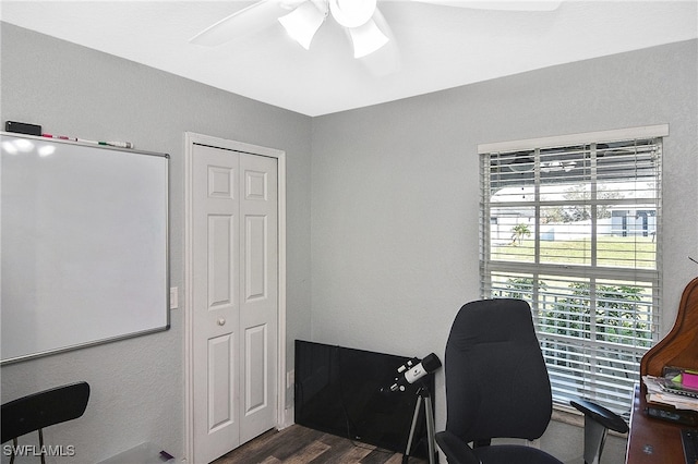 home office with ceiling fan and dark hardwood / wood-style flooring