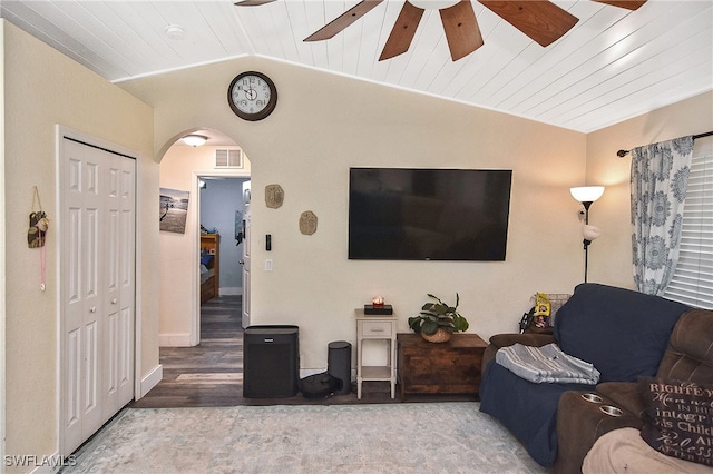 living room with hardwood / wood-style flooring, ceiling fan, lofted ceiling, and wooden ceiling