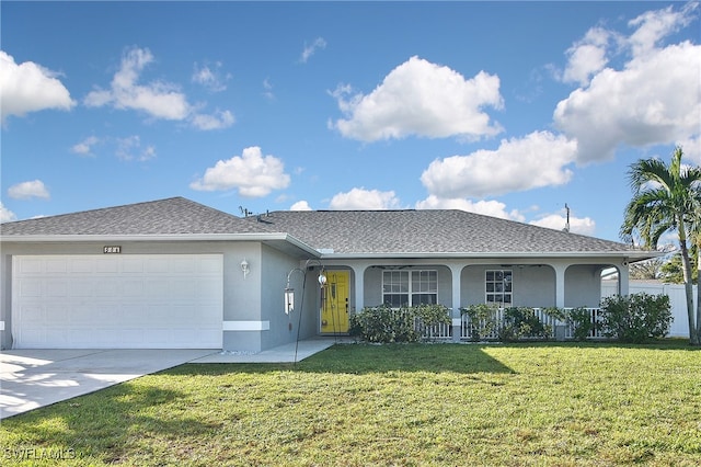 ranch-style house with a porch, an attached garage, driveway, stucco siding, and a front lawn