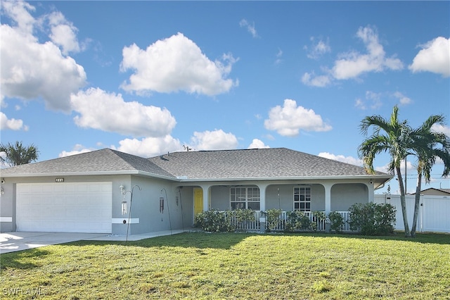 single story home with covered porch, a garage, and a front lawn