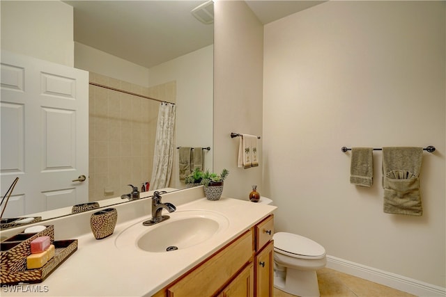 bathroom with vanity, curtained shower, toilet, and tile patterned floors