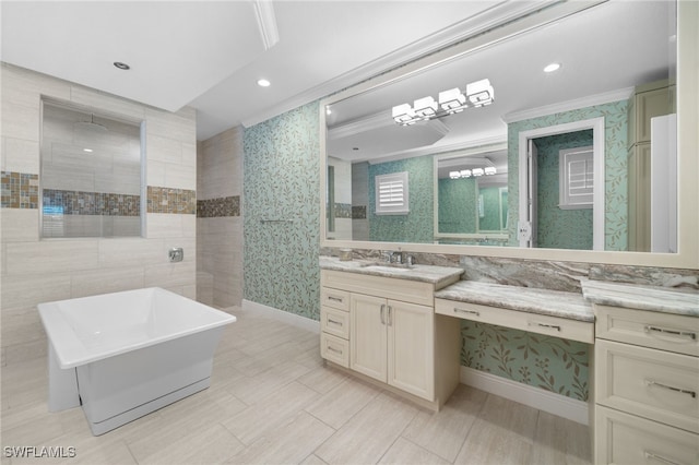 bathroom featuring vanity, crown molding, and separate shower and tub