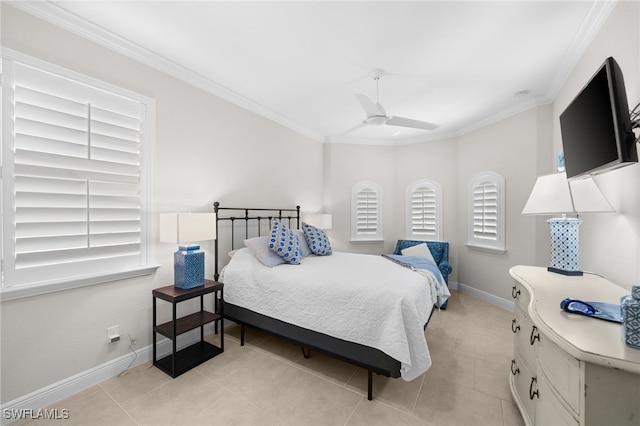 bedroom featuring crown molding, light tile patterned floors, and ceiling fan