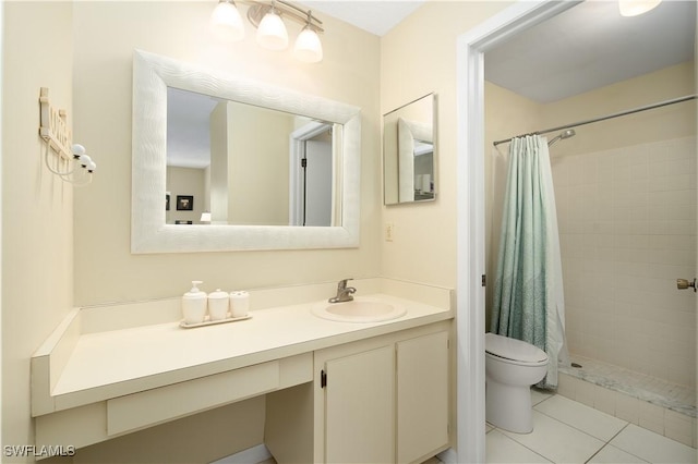 bathroom featuring tile patterned flooring, toilet, vanity, and walk in shower