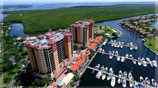 bird's eye view with a water view